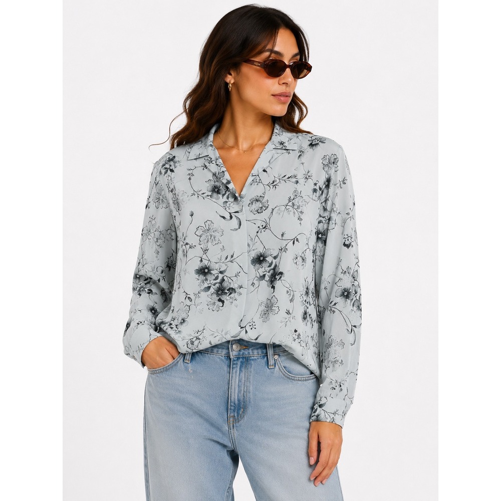 Laura Scott Floral Button Down Blouse Women Large Blue Grey Long Sleeve Workwear